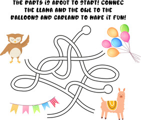Children s maze puzzle with owl and llama connecting to balloons and garland. Bright fun theme with party decorations and animals. Stock vector illustration in flat cartoon style.