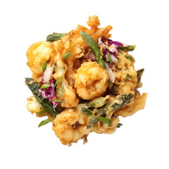 Golden fried mixed vegetable tempura with cauliflower, green beans, and purple cabbage is presented on a clean white background for a minimalist food shot.