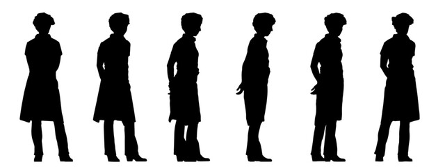 Vector concept or conceptual black silhouette of a male waiter from different perspectives isolated on white background. A metaphor for working, business, relaxation and lifestyle