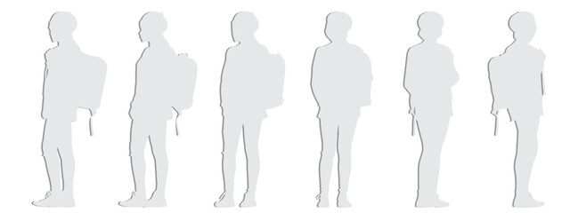 Vector concept conceptual gray paper cut silhouette of a school girl with her backpack from different perspectives isolated on white background. A metaphor for education, knowledge, childhood and life