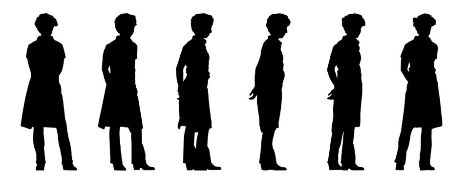 Vector concept or conceptual black silhouette of a male waiter from different perspectives isolated on white background. A metaphor for working, business, relaxation and lifestyle