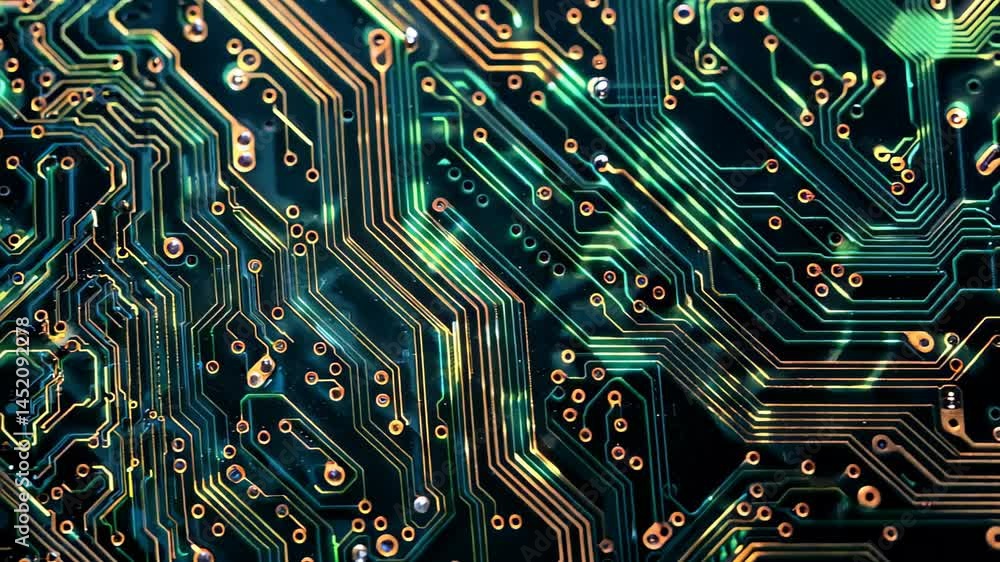 Poster explore the intricate details of a circuit board with vibrant green and gold colors. this close-up i