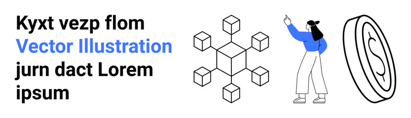 Geometric 3D blocks, individual pointing upward, and large coin element. Ideal for technology, finance, innovation, teamwork, creativity, presentation and simple landing page