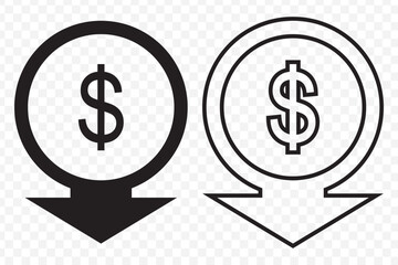 Cost reduction icon Black and white outline vector on Transparent Background. EPS 10.