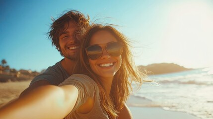 Smiling Couple Beach Selfie Golden Hour Sunlight