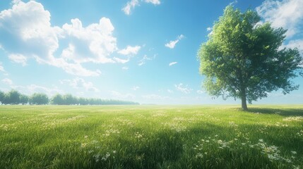 Single Tree in a Lush Green Field Under a Sunny Sky
