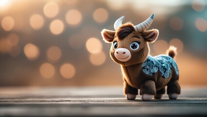 Adorable Cartoon Bull Toy on Wooden Surface with Bokeh Background