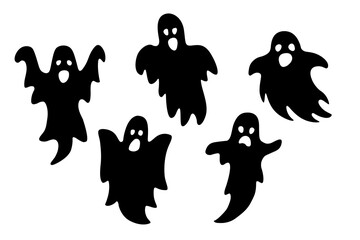 Simple pdf set of various ghost silhouettes on transparent background.
