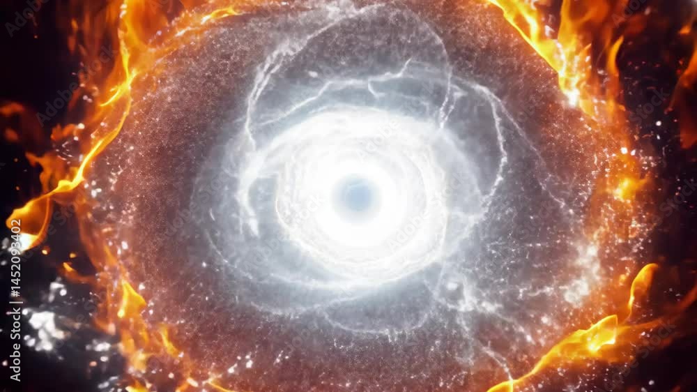 Poster this stunning image features an intense swirl of fiery flames encircling a bright center, creating a