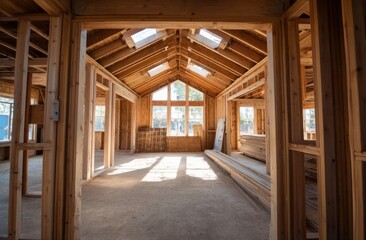 New House Construction, Framing a Room with Wooden Beams and Skylights, Showing Interior Structure and Progress