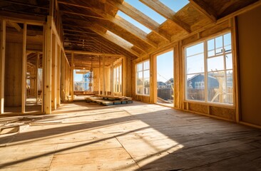 New House Construction, Framing, Walls, and Skylights Shine in Sunlight