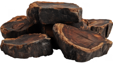 Pile of cross sectioned ebony wood pieces, showcasing the dark grain and natural texture