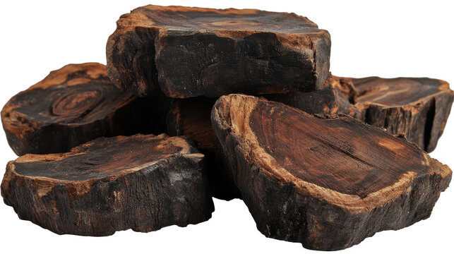 Pile of cross sectioned ebony wood pieces, showcasing the dark grain and natural texture