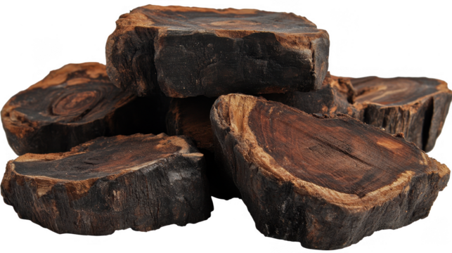 Pile of cross sectioned ebony wood pieces, showcasing the dark grain and natural texture