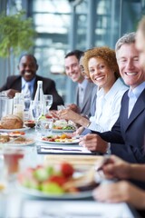 Happy colleagues share a business lunch, enjoying each other's company and food in a bright setting.