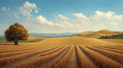 Obraz premium Summer Wheat Field Landscape Painting Lone Tree, Golden Hills, Blue Sky