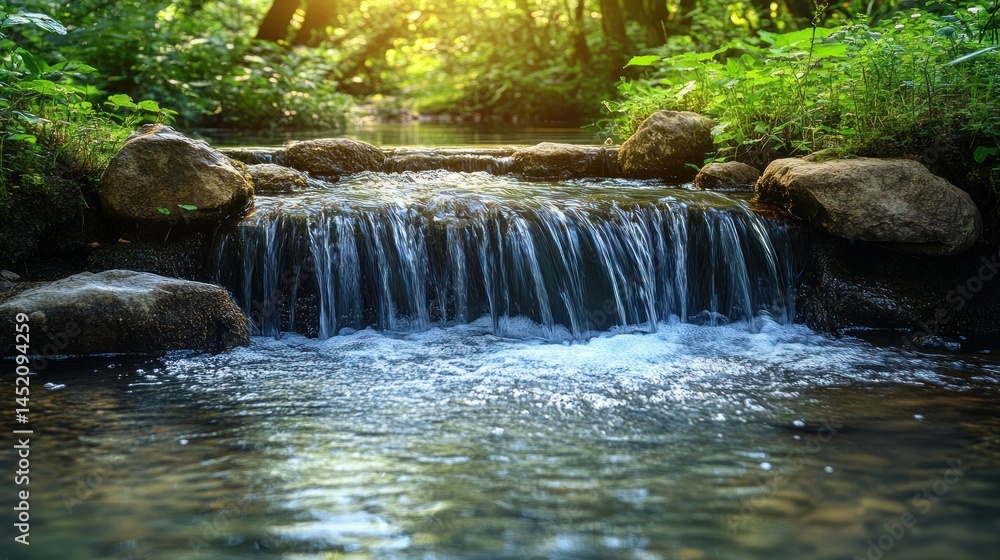 Poster tranquil creek cascading over rocks in a lush forest. sunlight filters through trees