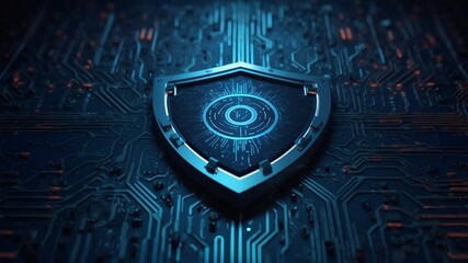 Futuristic Blue Shield with Digital Technology Design