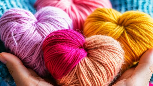 A pair of hands cradles vibrant yarn balls in heart shapes, showcasing a colorful palette perfect for knitting or crafting projects, evoking warmth and creativity.