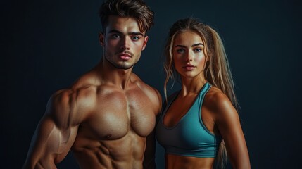 Muscular man and woman in sportswear posing against a dark background.