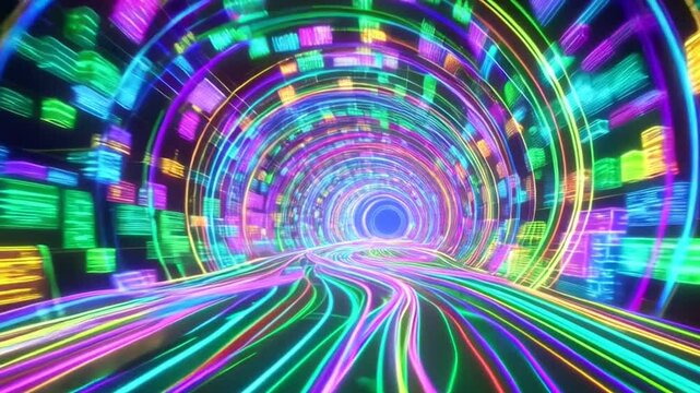 pattern like sci-fi hologram. Fly through technology cyberspace with neon glow. Sci-fi flight through hi-tech technology tunnel. Glow line. 3d looped seamless 4k bright bg. Data flow. Blocks