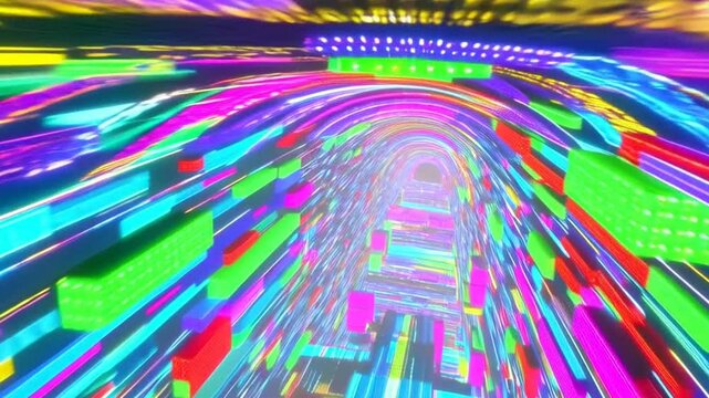 pattern like sci-fi hologram. Fly through technology cyberspace with neon glow. Sci-fi flight through hi-tech technology tunnel. Glow line. 3d looped seamless 4k bright bg. Data flow. Blocks