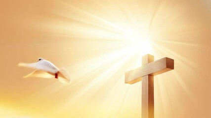 White dove resting on crucifix with golden light rays. Symbol of the holy spirit for Pentecost or Easter celebration of salvation, hope, and renewal.