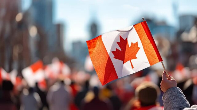 Woman holding national flag with red maple leaf. Crowd celebrating Canada day in city. Holiday celebration of patriotic country. Showing national pride.