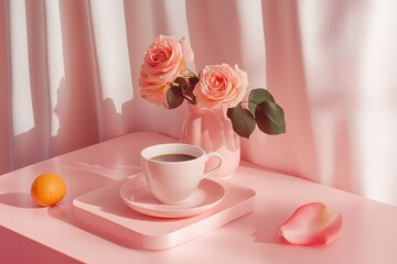 A pink aesthetic desk with roses, coffee, and a MacBook, in a minimalistic, pastel-colored, aesthetic setting, with aesthetic photography.