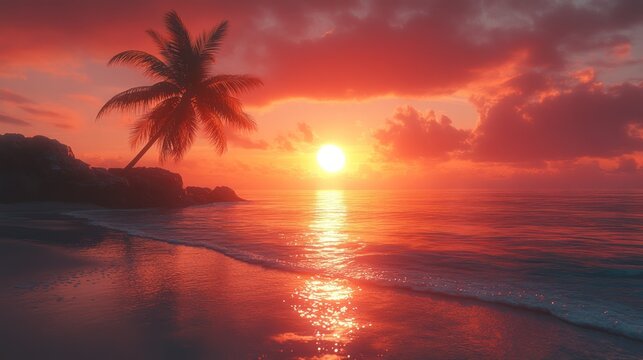 Tropical beach sunset with palm tree silhouette and vibrant red sky reflection.