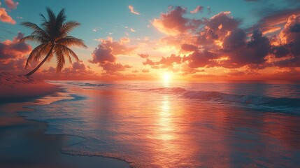 Tropical beach sunset with palm tree and colorful sky reflecting in water.
