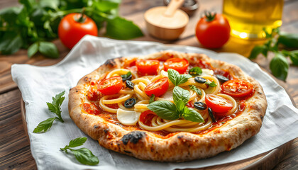 cibo mediterraneo pizza pasta con pomodoro e insalata sfondo rustico, vibrant. with white shades