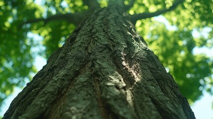 Fototapeta premium Upward view of a large tree trunk, textured bark, lush green canopy