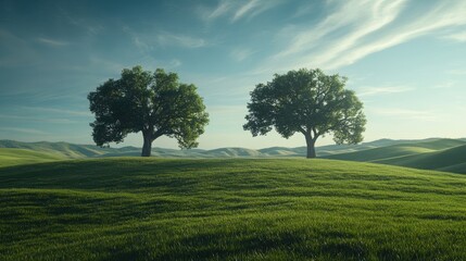 Fototapeta premium Two Green Trees on Rolling Green Hills Under a Partly Cloudy Sky
