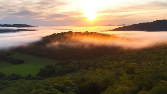 Aerial view of sunrise in the misty forest. Foggy golden sunset in mountains. Flying over green trees valley. Morning mist, country fields, sun rising above the horizon. Scenic nature landscape