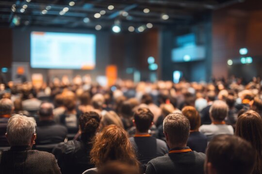 Attendees Gather at Event for Presentation, Engaged Crowd at Business Conference with Technology Focus