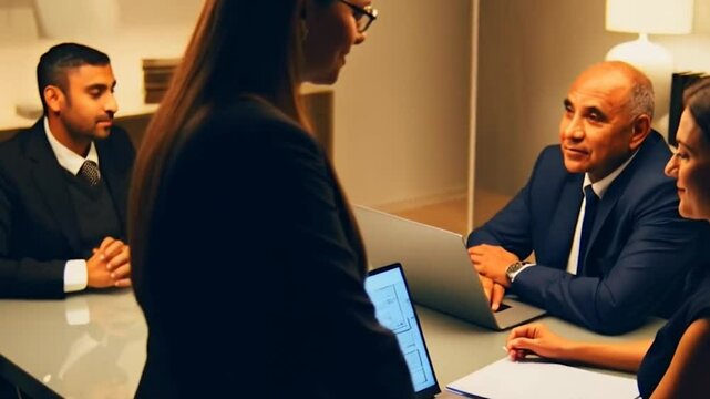 Lawyer or real estate agent make consultation for client. Mature Latin business man and European business woman discussing project on laptop sitting at table in office. Business people work together.