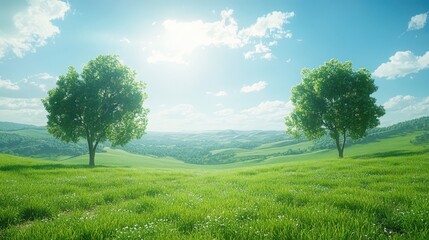 Fototapeta premium Two Green Trees on a Hilltop Overlooking a Sunny Valley