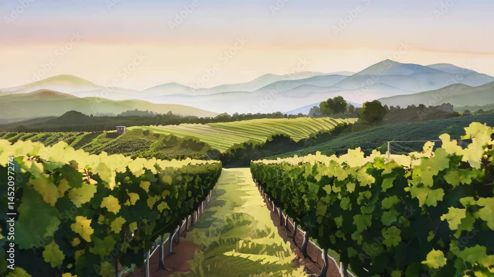 Poster a tranquil vineyard scenery featuring lush rows of grapevines with mountains in the background under