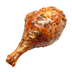 A perfectly roasted turkey leg glistens with flavorful herbs, its crispy skin promising a delicious and savory holiday meal on a clean white background space.