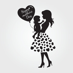 Mother and Child Silhouette with Heart Balloon - Mothers Day