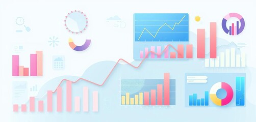 Fototapeta premium Abstract flat illustration of financial review activities; charts, graphs, and data visualizations, modern, finance