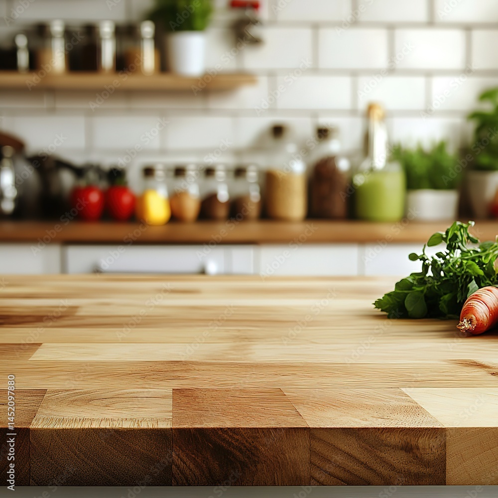 Poster close-up of an empty wooden kitchen counter with a blurred background. vegetables and spices are on 
