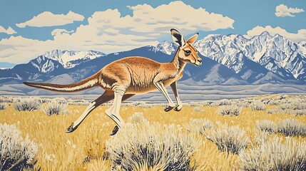 Kangaroo leaping with mountain backdrop.