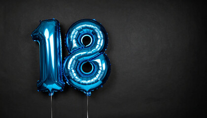 Banner with number 18 blue balloon on black backdrop. Birthday anniversary celebration.