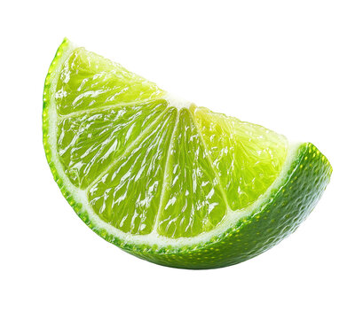 Fresh lime wedge displaying vibrant green color and textured surface ideal for cocktails, garnishes, and culinary uses