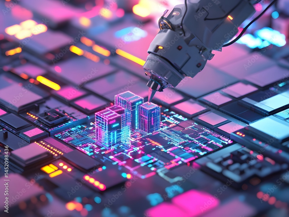 Aufkleber a close-up view of a robotic hand working on a vibrant, futuristic electronic circuit board. the col