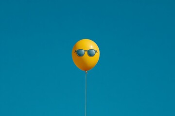 Yellow Balloon with Sunglasses Floating Against a Blue Sky