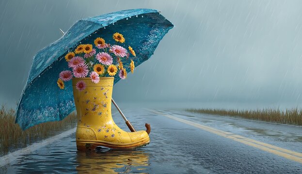 Yellow Rain Boot with Flowers Under a Blue Umbrella in the Rain