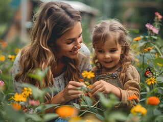 Mom and child releasing butterflies in a blooming garden as part of a nature walk